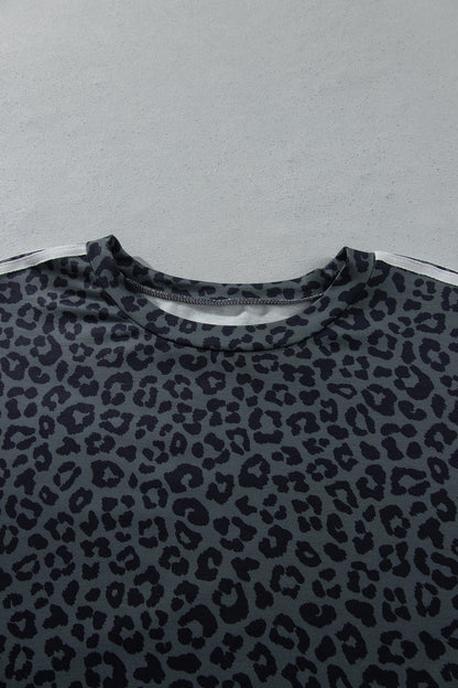 Gray Leopard Print Bracelet Sleeve Top Plus Size Loose Pants Set