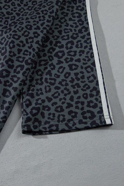 Gray Leopard Print Bracelet Sleeve Top Plus Size Loose Pants Set