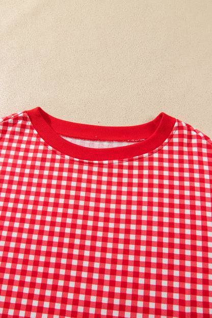 Red Gingham Oversized Ribbed Trim Crew Neck Long Sleeve Top and Skort Set