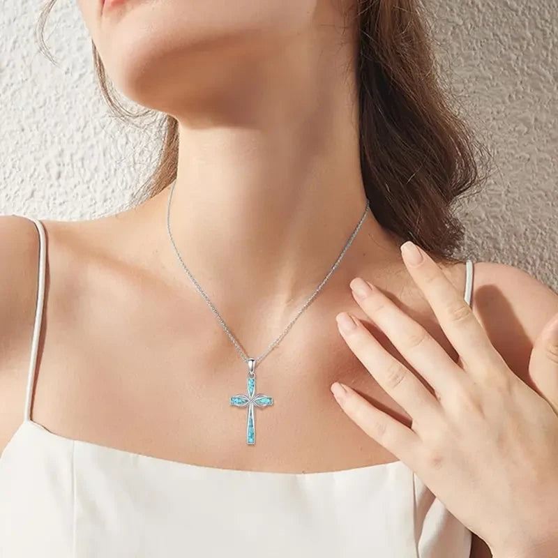 Silver Origami Turquoise Cross Pendant Necklace