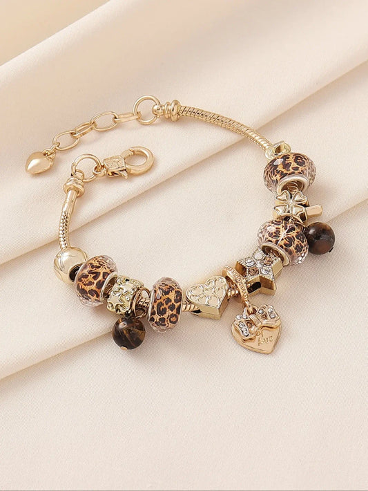 Leopard Print Beaded Charm Bracelet