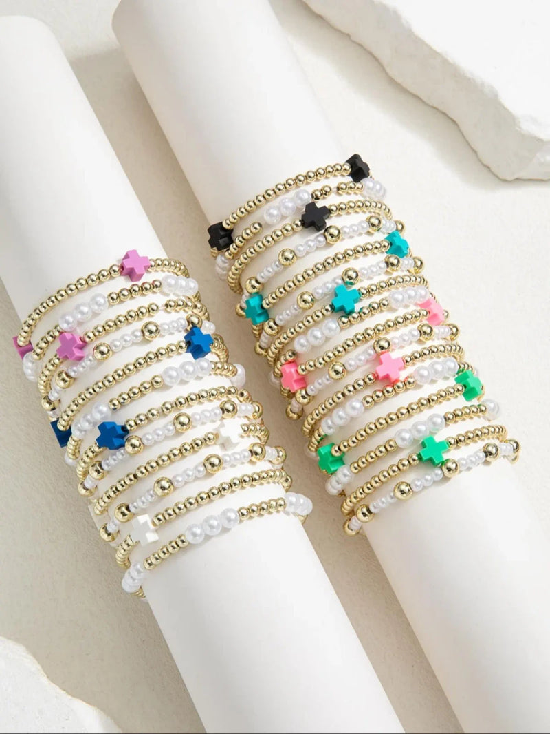 Colorful Beaded Cross Bracelet Set