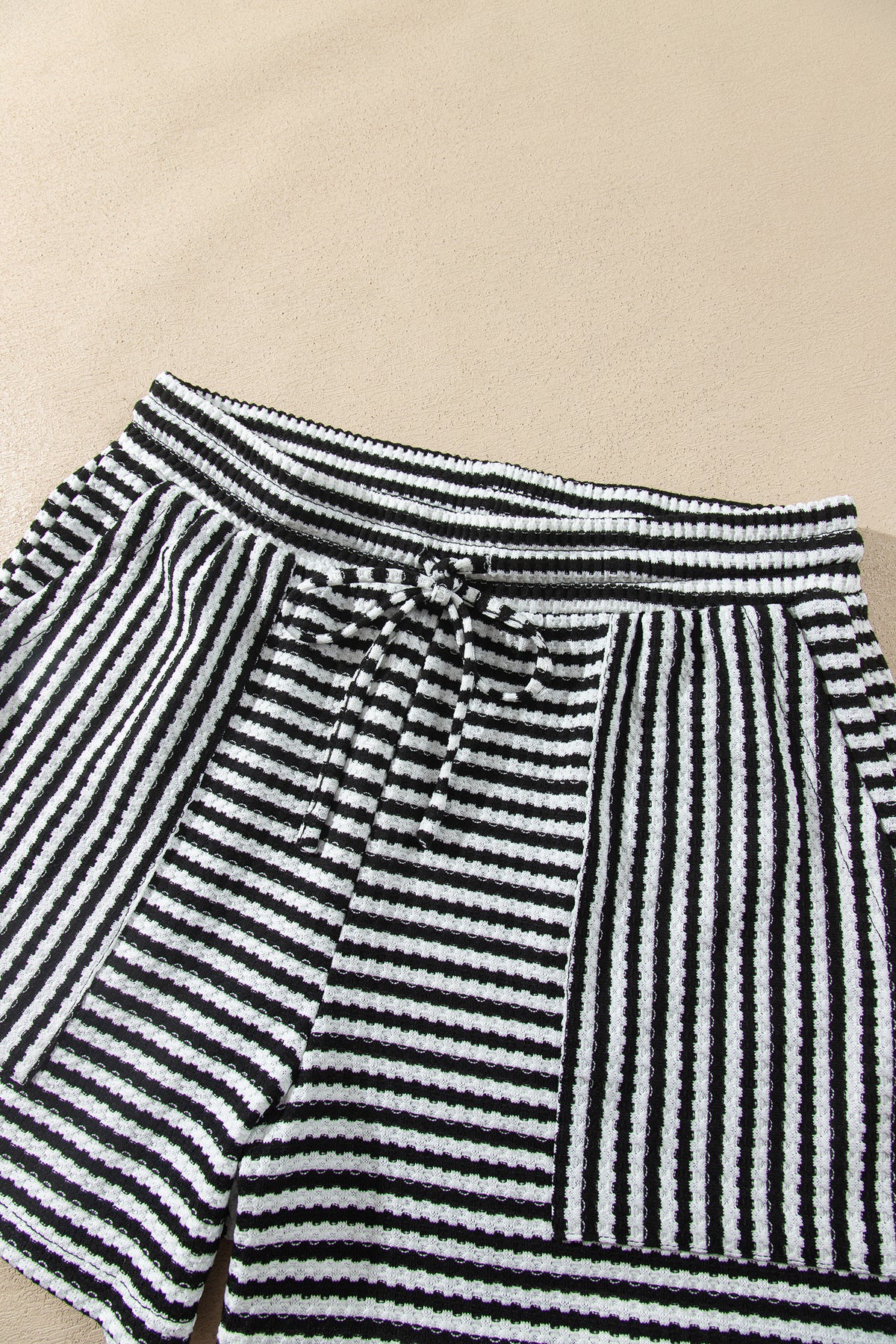 Black Stripe Textured Knit Long Sleeve Top Elastic Waist Shorts Casual Outfit
