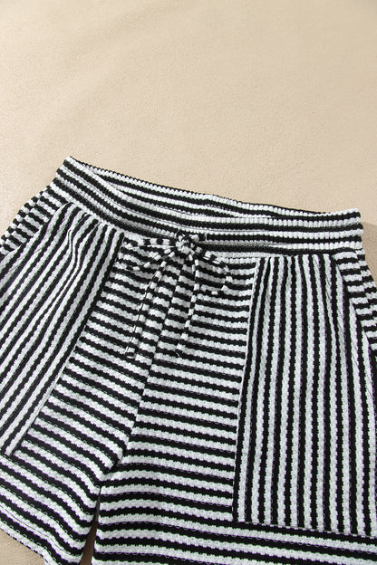 Black Stripe Textured Knit Long Sleeve Top Elastic Waist Shorts Casual Outfit