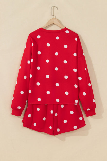 Beige Polka Dot Raw Hem Relaxed Pullover Loose Skort Two Piece Set