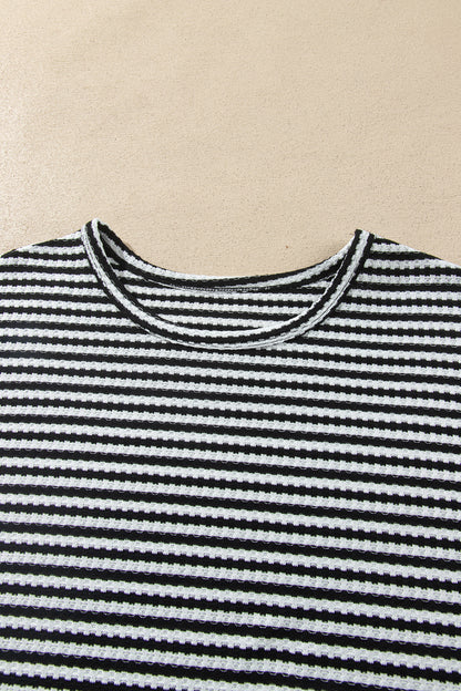 Black Stripe Textured Knit Long Sleeve Top Elastic Waist Shorts Casual Outfit