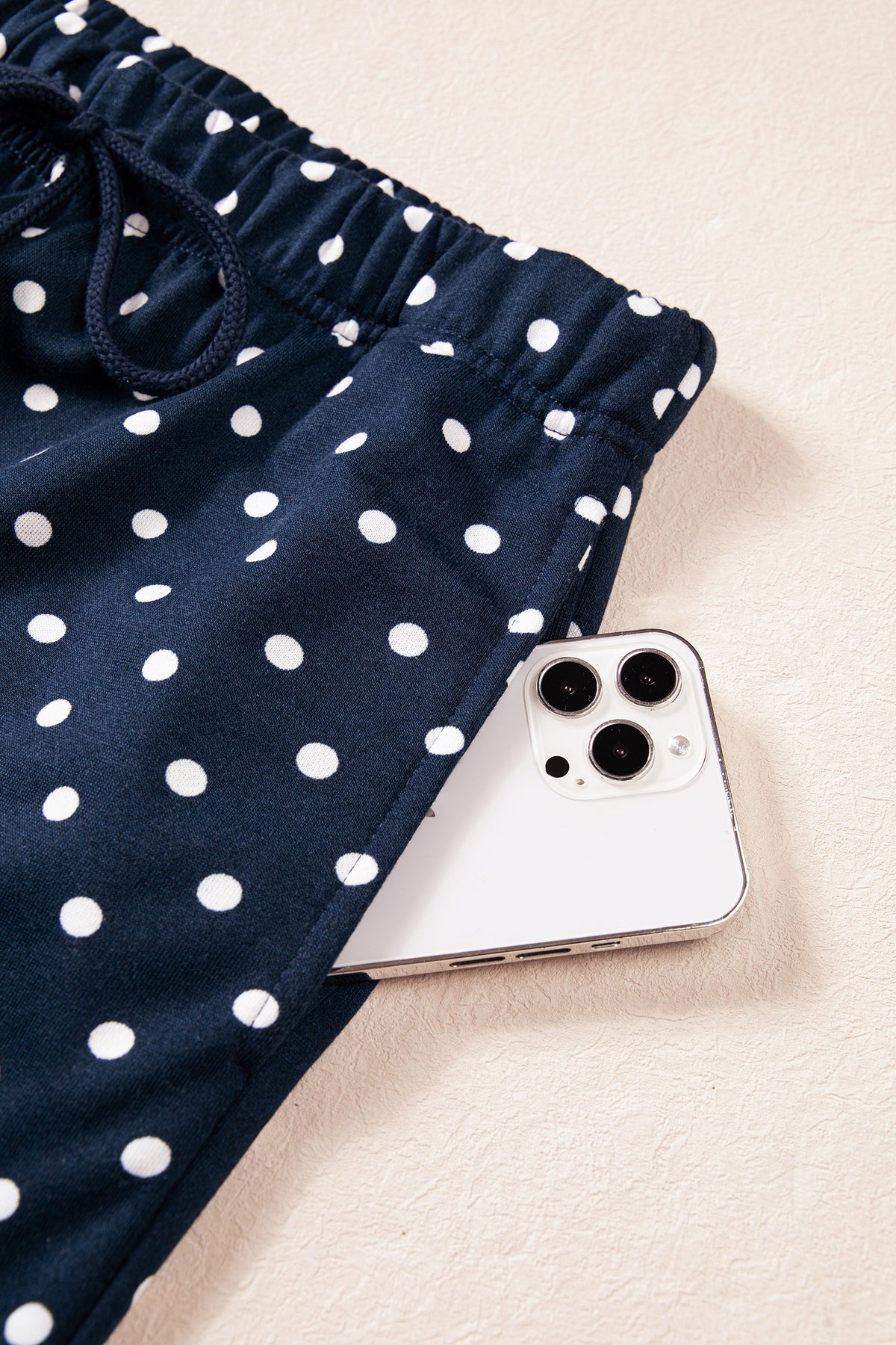 Blue Polka Dot Drawstring Wide Leg Long Sleeve Top Pant Set