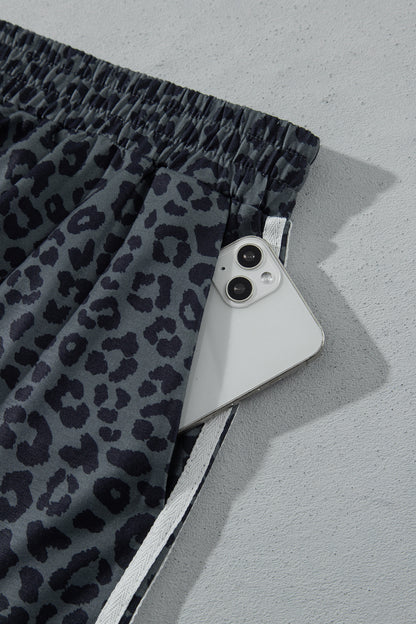 Gray Leopard Print Bracelet Sleeve Top Plus Size Loose Pants Set