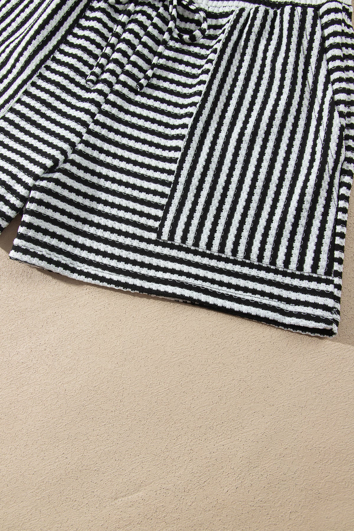 Black Stripe Textured Knit Long Sleeve Top Elastic Waist Shorts Casual Outfit