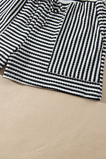 Black Stripe Textured Knit Long Sleeve Top Elastic Waist Shorts Casual Outfit