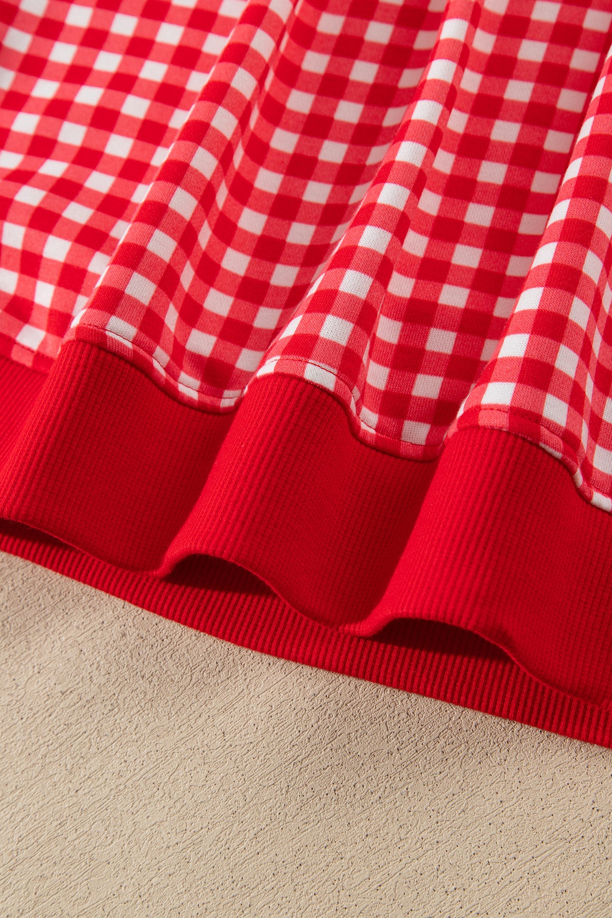 Red Gingham Oversized Ribbed Trim Crew Neck Long Sleeve Top and Skort Set