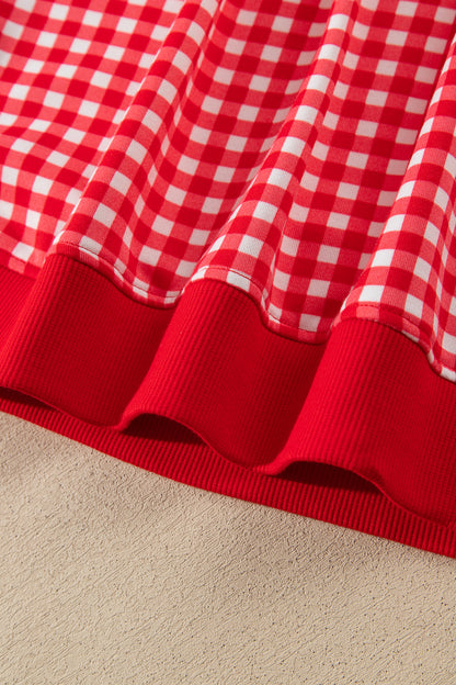 Red Gingham Oversized Ribbed Trim Crew Neck Long Sleeve Top and Skort Set
