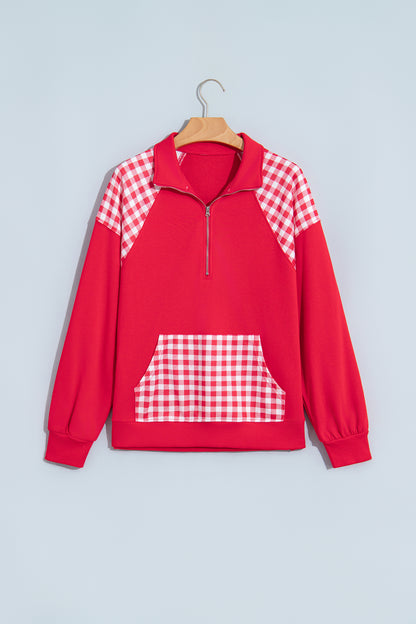 Coffee Patchwork Plaid Pocket Quarter Zip Sweatshirt