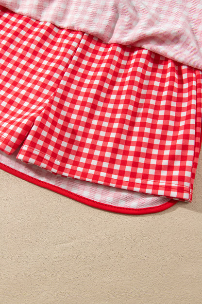 Red Gingham Oversized Ribbed Trim Crew Neck Long Sleeve Top and Skort Set