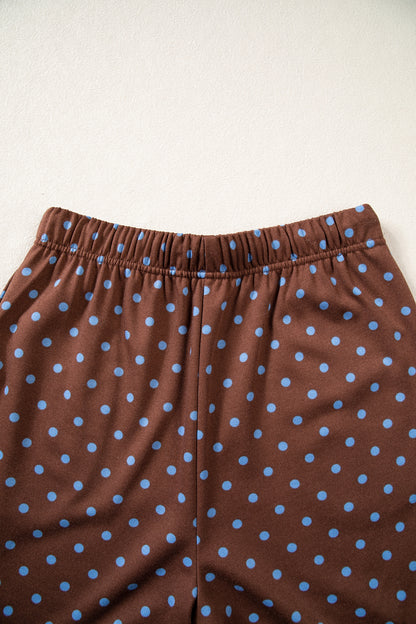 Blue Polka Dot Drawstring Wide Leg Long Sleeve Top Pant Set