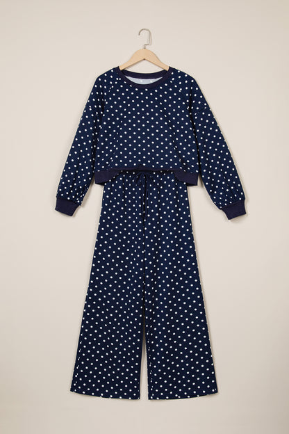 Blue Polka Dot Drawstring Wide Leg Long Sleeve Top Pant Set