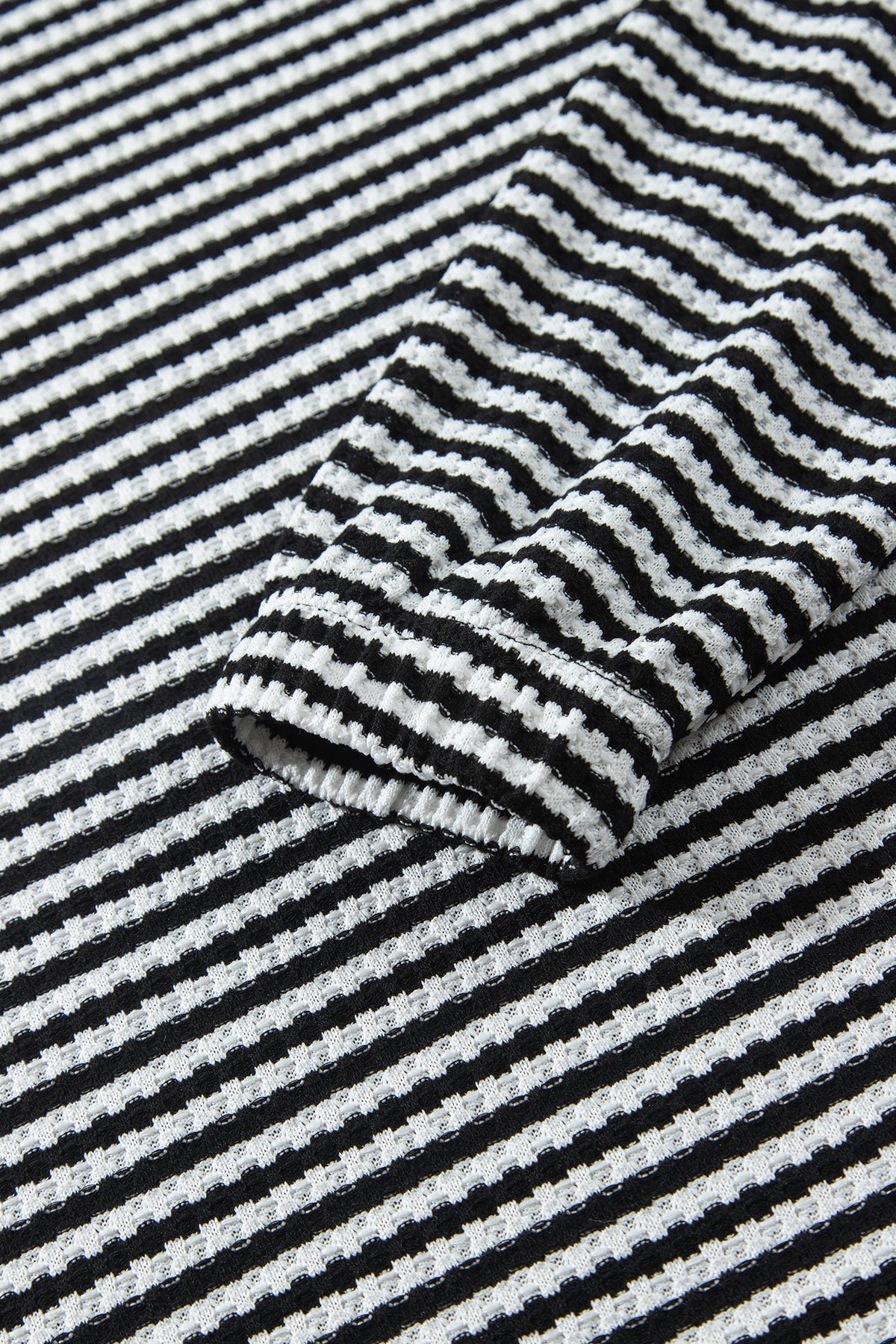 Black Stripe Textured Knit Long Sleeve Top Elastic Waist Shorts Casual Outfit