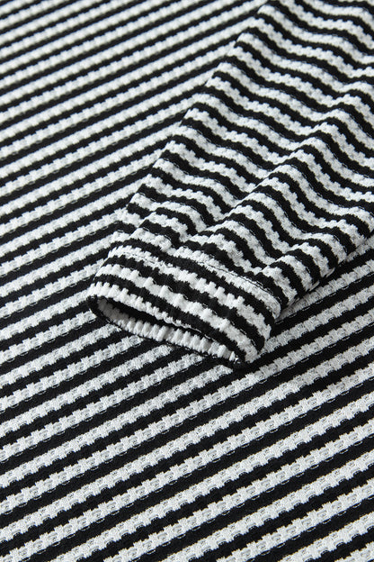 Black Stripe Textured Knit Long Sleeve Top Elastic Waist Shorts Casual Outfit
