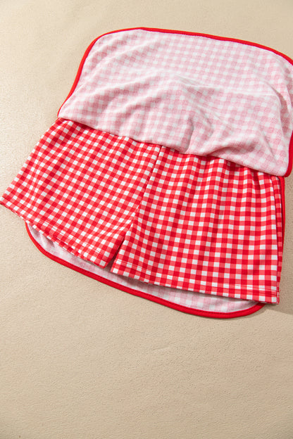 Red Gingham Oversized Ribbed Trim Crew Neck Long Sleeve Top and Skort Set