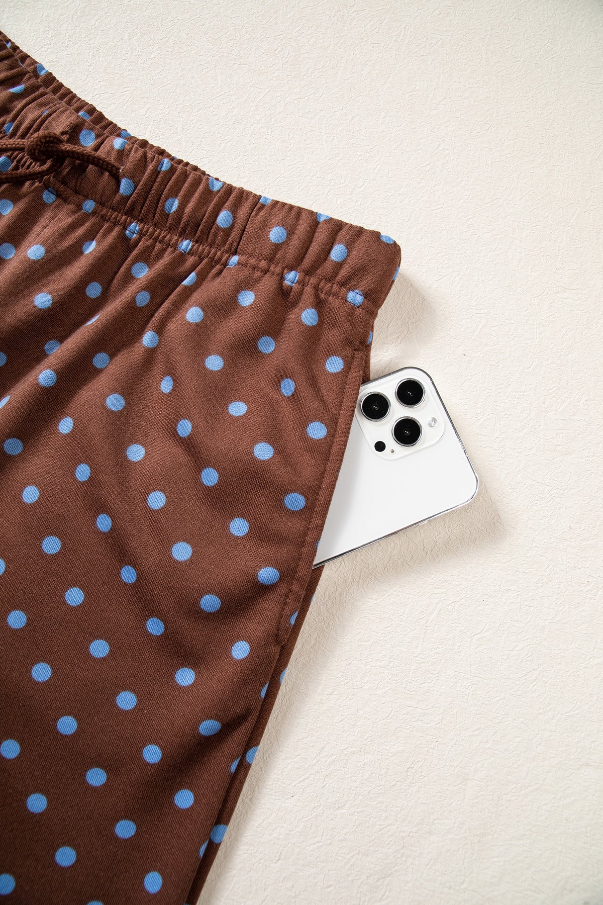 Blue Polka Dot Drawstring Wide Leg Long Sleeve Top Pant Set