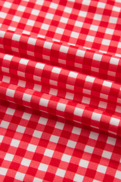 Red Gingham Oversized Ribbed Trim Crew Neck Long Sleeve Top and Skort Set