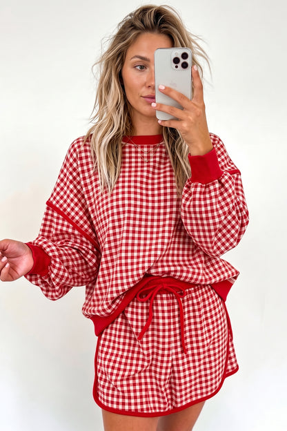 Red Gingham Oversized Ribbed Trim Crew Neck Long Sleeve Top and Skort Set