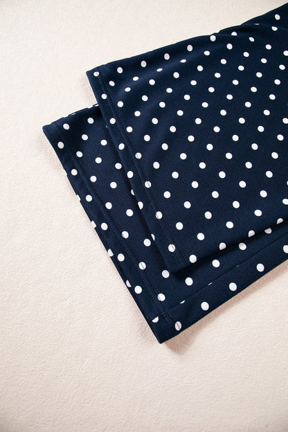 Blue Polka Dot Drawstring Wide Leg Long Sleeve Top Pant Set
