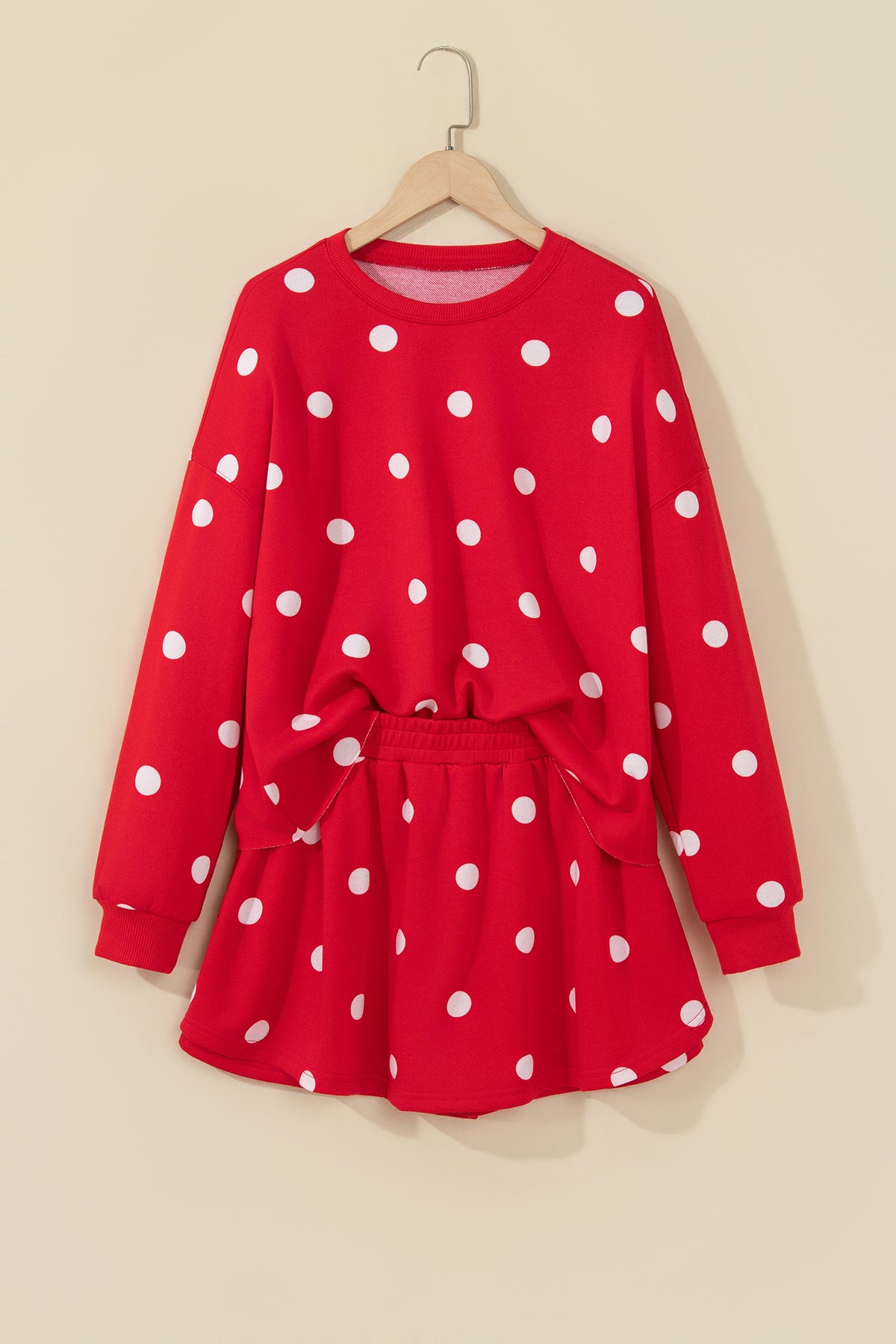 Beige Polka Dot Raw Hem Relaxed Pullover Loose Skort Two Piece Set