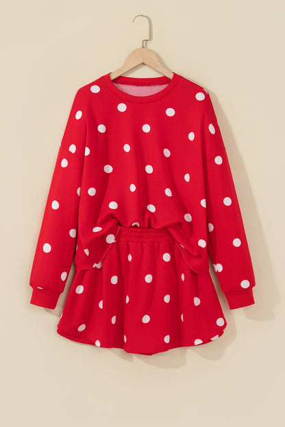 Beige Polka Dot Raw Hem Relaxed Pullover Loose Skort Two Piece Set