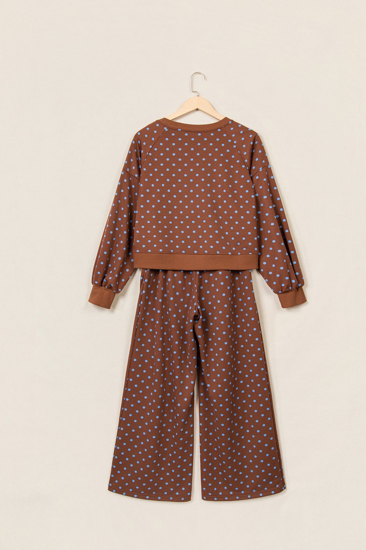 Blue Polka Dot Drawstring Wide Leg Long Sleeve Top Pant Set