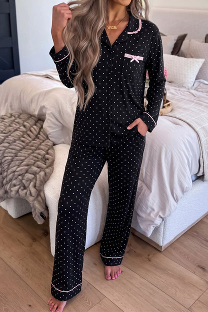 Black Polka Dot Long Sleeve Shirt Lace Detail Two Piece Pajama Pant Set