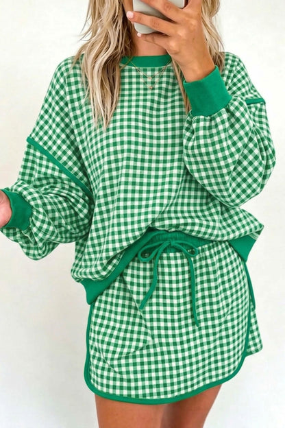 Red Gingham Oversized Ribbed Trim Crew Neck Long Sleeve Top and Skort Set