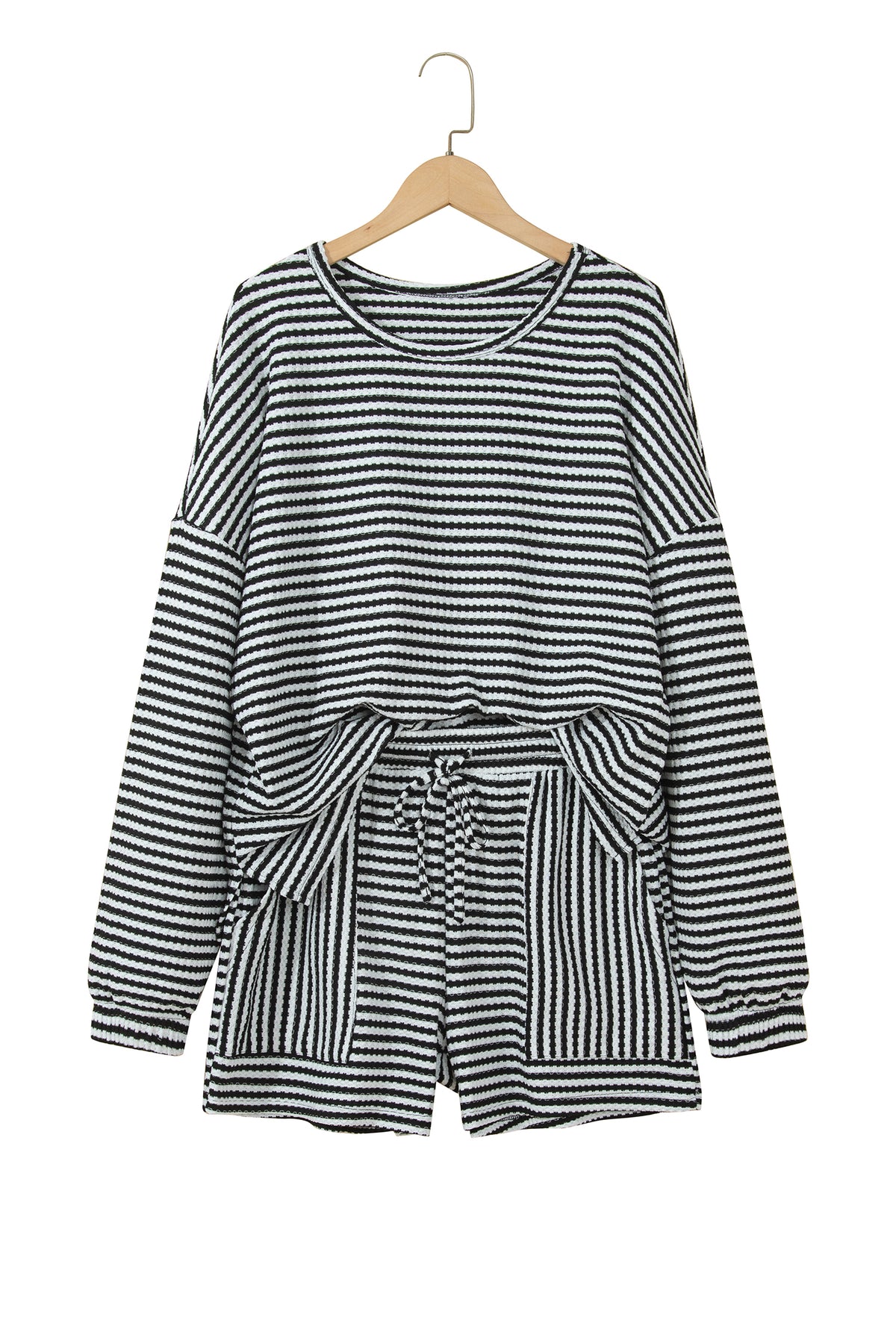 Black Stripe Textured Knit Long Sleeve Top Elastic Waist Shorts Casual Outfit