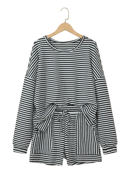 Black Stripe Textured Knit Long Sleeve Top Elastic Waist Shorts Casual Outfit