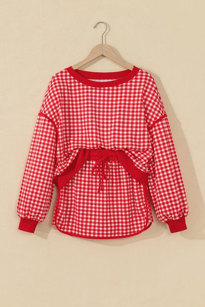 Red Gingham Oversized Ribbed Trim Crew Neck Long Sleeve Top and Skort Set