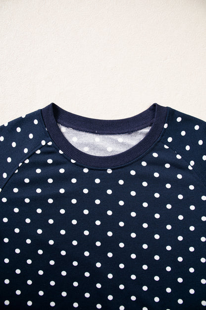 Blue Polka Dot Drawstring Wide Leg Long Sleeve Top Pant Set