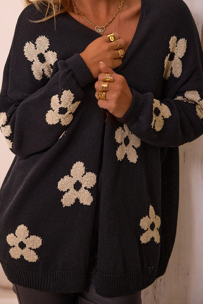 Orange Floral Print Knitted Open Front Loose Cardigan