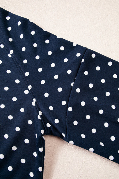 Blue Polka Dot Drawstring Wide Leg Long Sleeve Top Pant Set