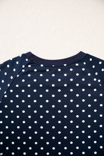 Blue Polka Dot Drawstring Wide Leg Long Sleeve Top Pant Set