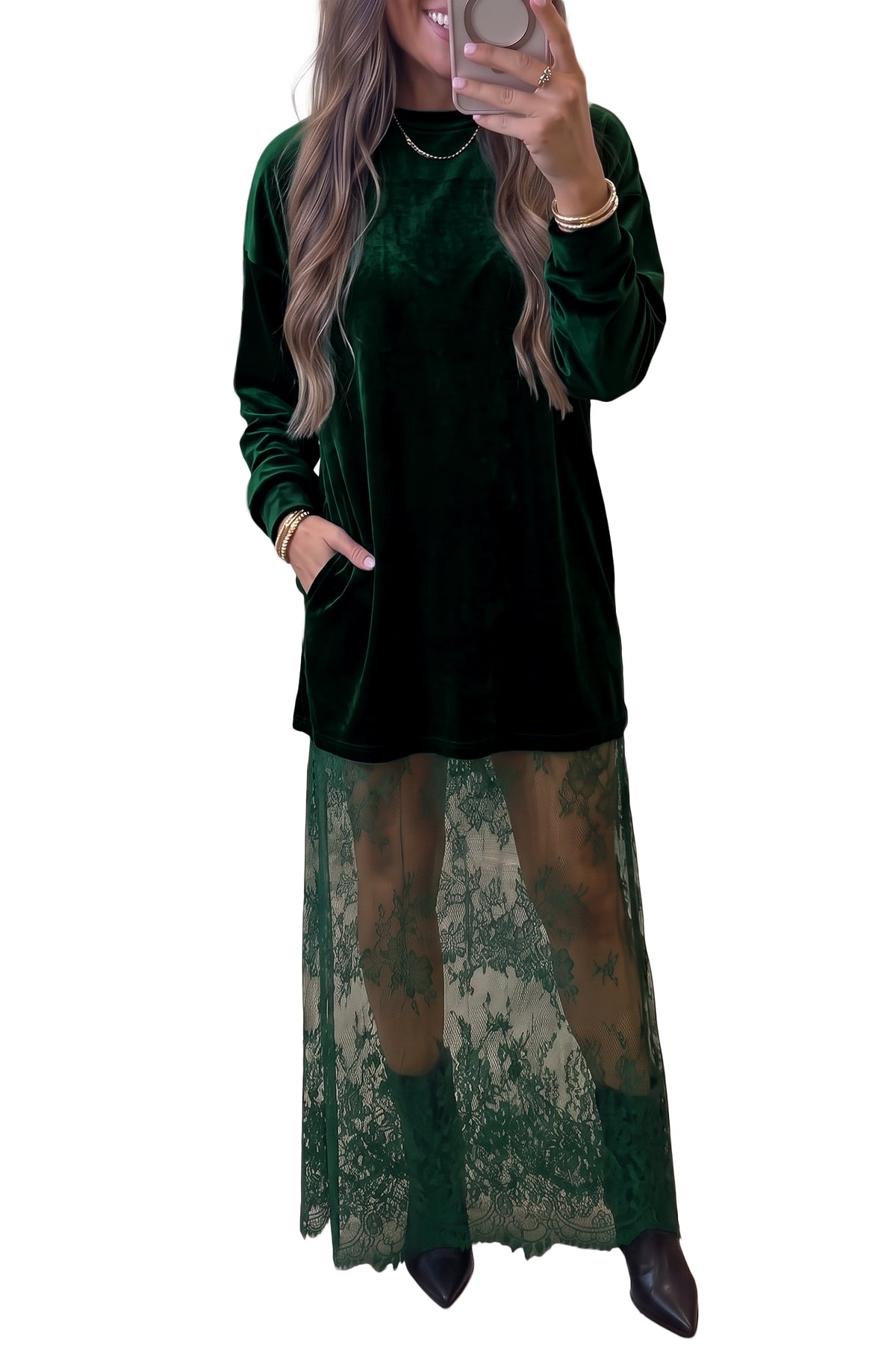 Black Velvet Long Sleeve Lace Splicing Hem Shift Maxi Dress