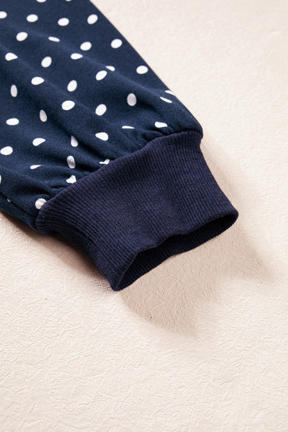 Blue Polka Dot Drawstring Wide Leg Long Sleeve Top Pant Set