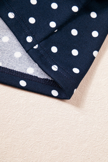 Blue Polka Dot Drawstring Wide Leg Long Sleeve Top Pant Set