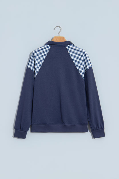 Coffee Patchwork Plaid Pocket Quarter Zip Sweatshirt