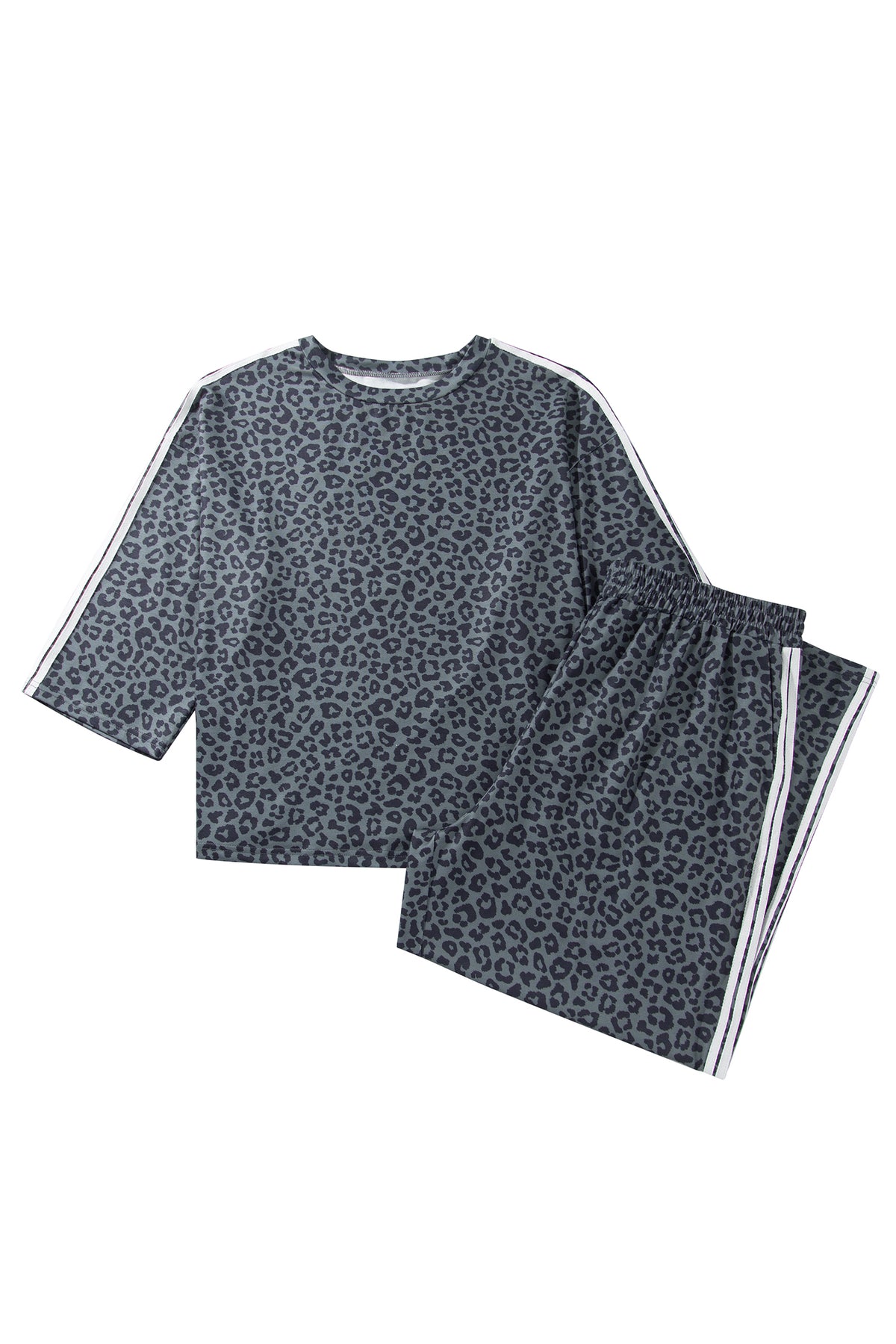Gray Leopard Print Bracelet Sleeve Top Plus Size Loose Pants Set