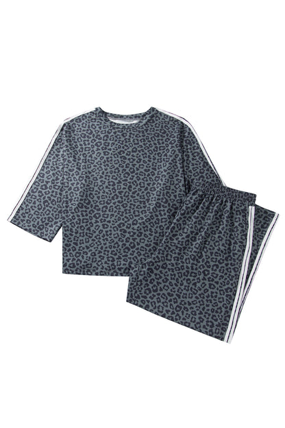 Gray Leopard Print Bracelet Sleeve Top Plus Size Loose Pants Set