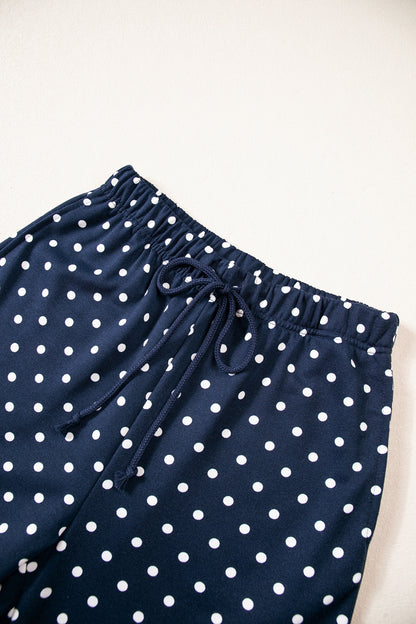 Blue Polka Dot Drawstring Wide Leg Long Sleeve Top Pant Set