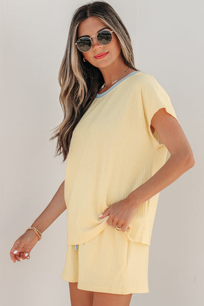 Clearly Aqua Soft Ribbed Color Block Trim Casual Short Set