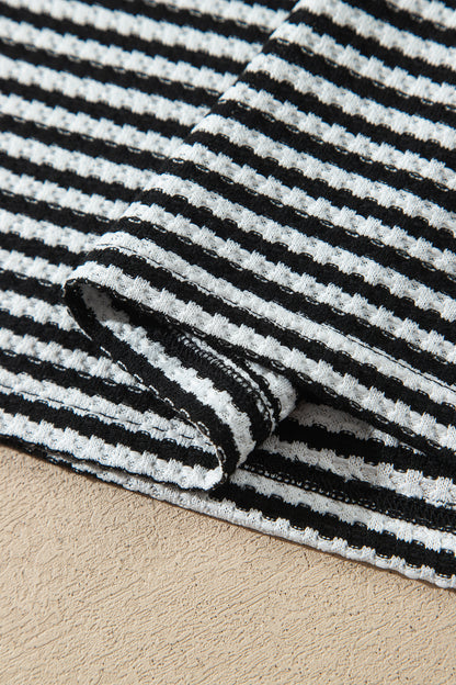 Black Stripe Textured Knit Long Sleeve Top Elastic Waist Shorts Casual Outfit