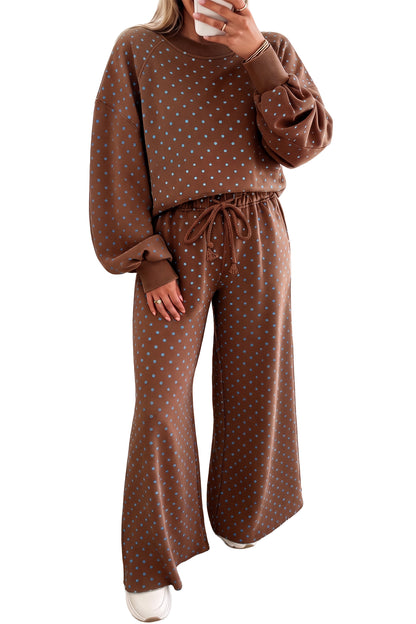 Blue Polka Dot Drawstring Wide Leg Long Sleeve Top Pant Set