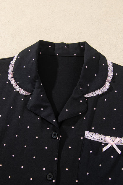 Black Polka Dot Long Sleeve Shirt Lace Detail Two Piece Pajama Pant Set